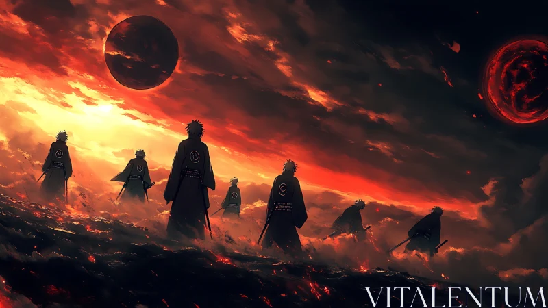 Warrior silhouettes crossing volcanic clouds at blood-red eclipse.