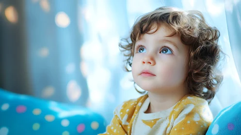Toddler with Curled Auburn Hair, Blue Eyes, Yellow Polka Dot Cardigan