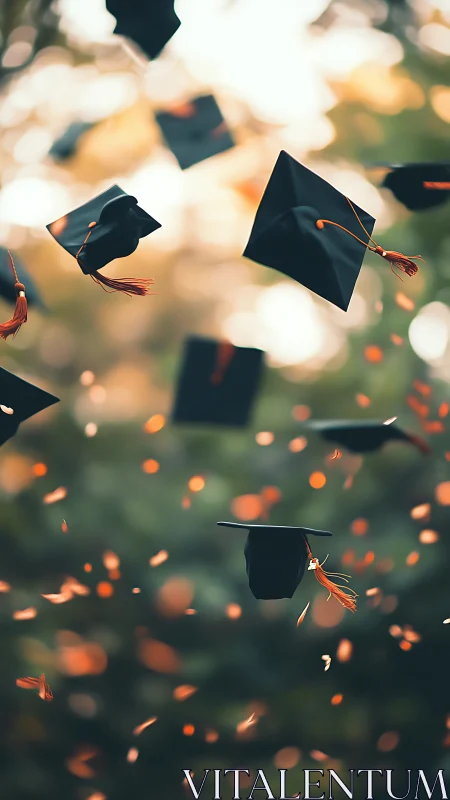 Graduation caps dancing through soft golden evening light.