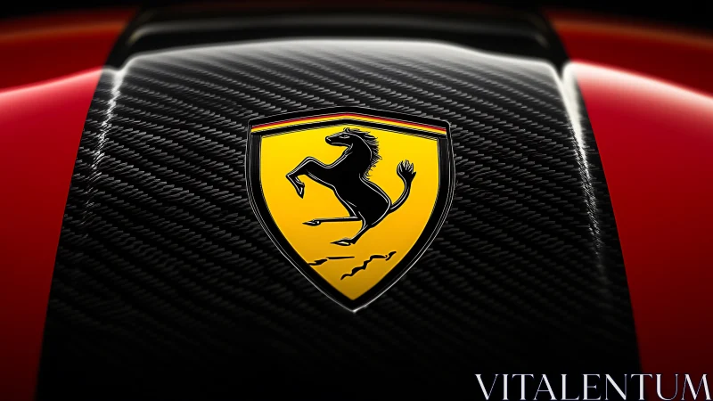 Ferrari emblem on carbon fiber hood with red bodywork detail.