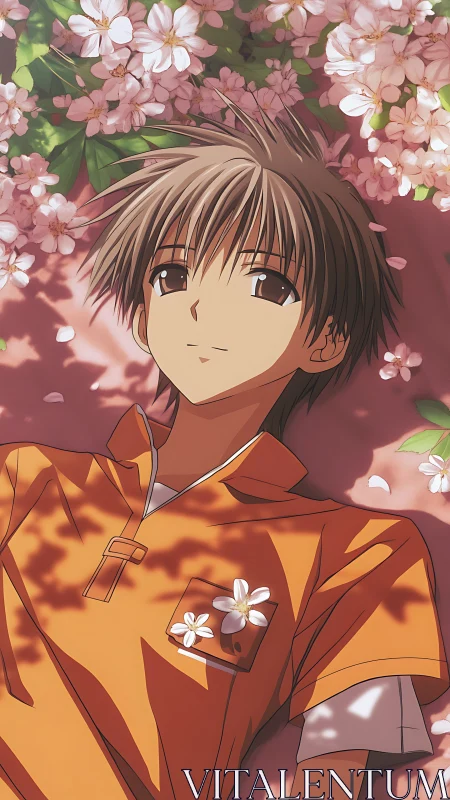 Male anime character lies under cherry blossoms in shade