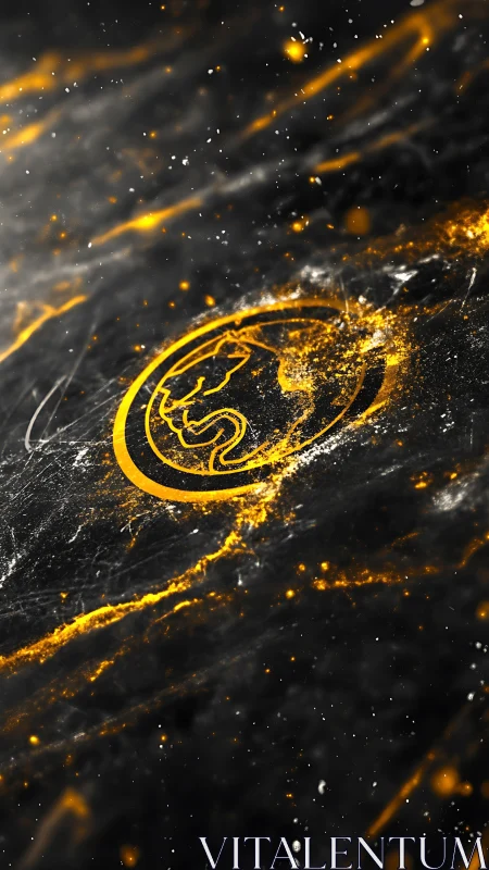 Golden dragon emblem on dark abstract cosmic field.