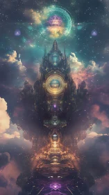 Celestial fractal citadel with luminous sacred geometry.