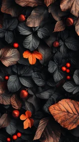 Moody autumn leaves and berries in dusky forest hush.