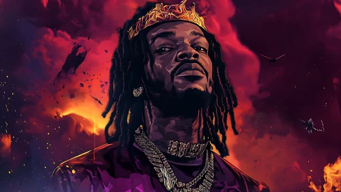 Regal hip-hop portrait rises against blazing storm sky.