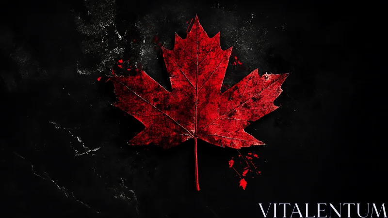 Bold red maple leaf glowing against a moody dark sky.