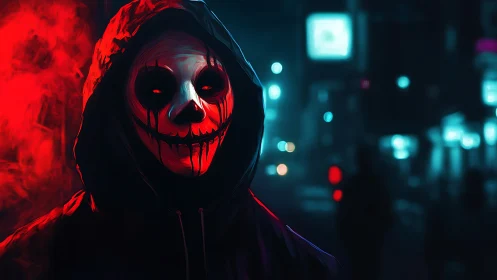 Hooded skull mask in neon lit night alleyway scene.