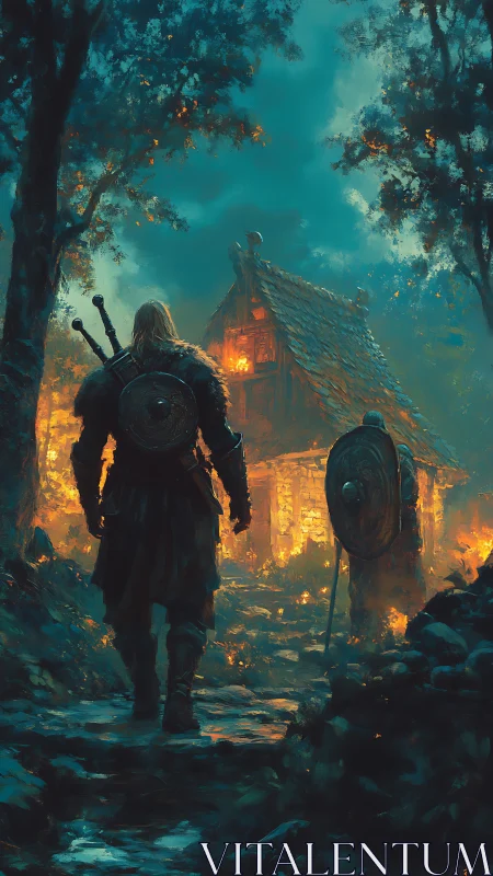 Warriors approach a burning cottage under turbulent teal skies