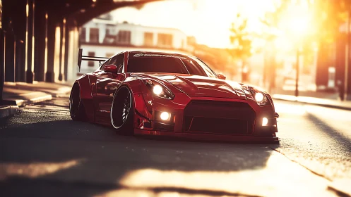Widebody red sports coupe on sunlit urban street at dusk