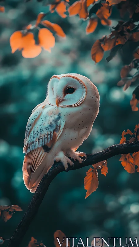 Barn owl perches on branch amid defocused foliage background