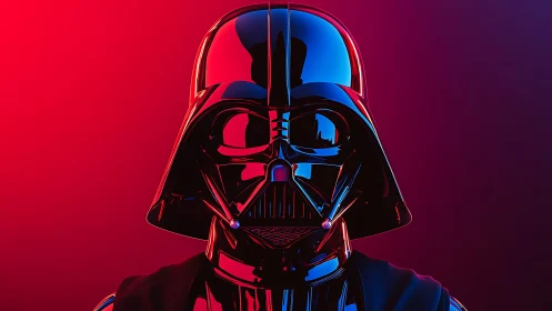 Dark armored helmet glows in vivid red and blue neon light.