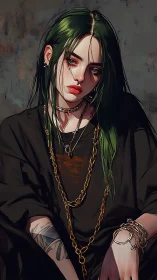 Moody green-haired girl in chains, dark digital portrait.