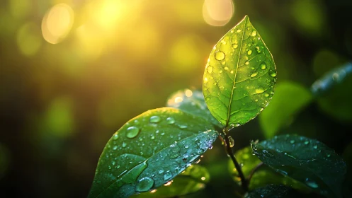 Backlit leaf macro captures dewdrop refraction and surface texture