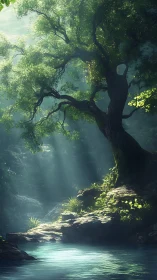 Volumetric sunlight over fluvial pool and arboreal outcrop.