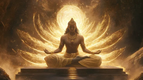 Digital painting of divine meditator with radiant aureole geometry.