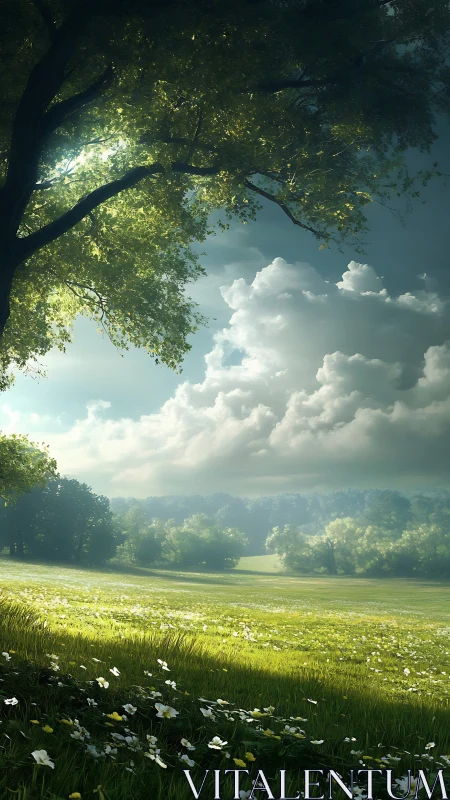 Sunlit meadow under tree canopy with distant cloud bank.