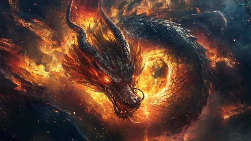 Fiery cosmic dragon curling through swirling embers of night.