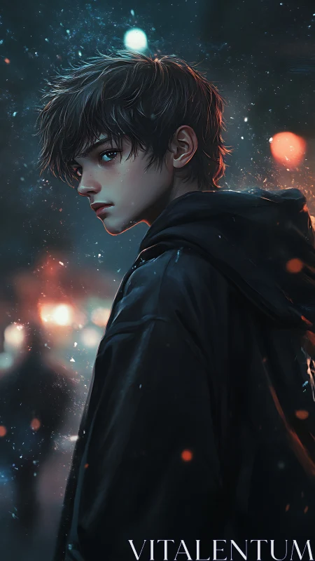 Moody night wanderer in glowing city street haze.