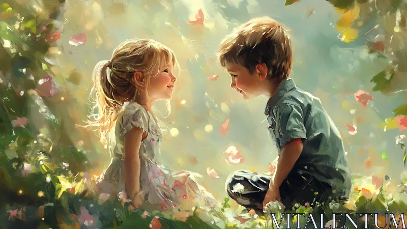 Two Children Share a Magical Moment in a Garden.