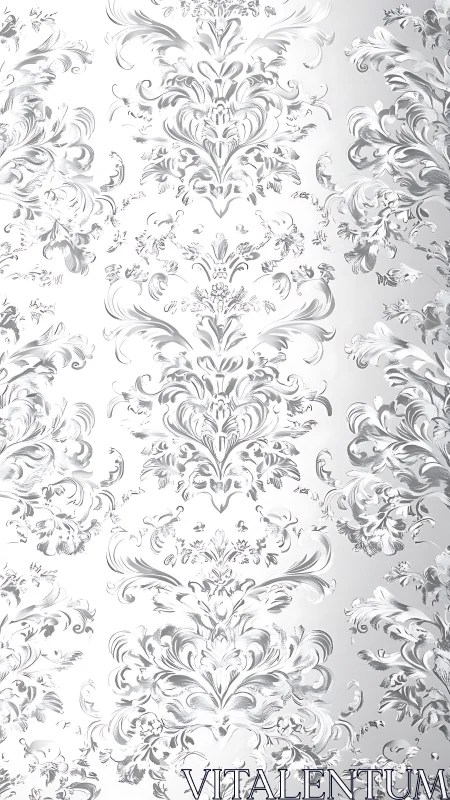 Silver damask scrollwork dances across luminous white space