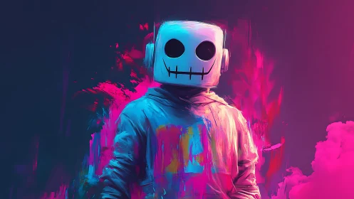 Neon robot character stands in bold pink and blue glow