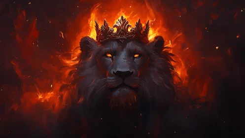 Majestic crowned lion glows with fierce firelit power