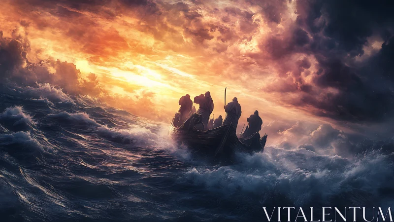 Storm-tossed longboat under blazing apocalyptic sky.