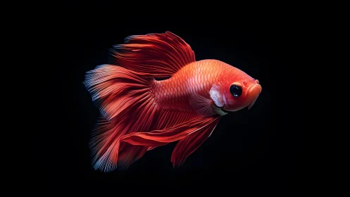 Vibrant red Betta fish with flowing fins on black background.