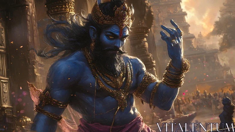 Mythic blue deity dominates golden-lit temple battlefield.
