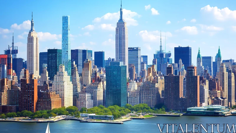 New York skyline with riverfront towers at midday light.