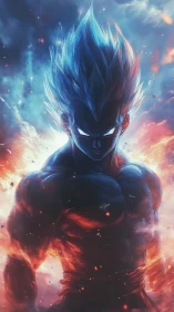 Blazing cosmic warrior rising through storm and flame.