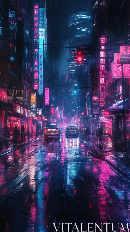 Neon rain on a quiet city street caught between futures.