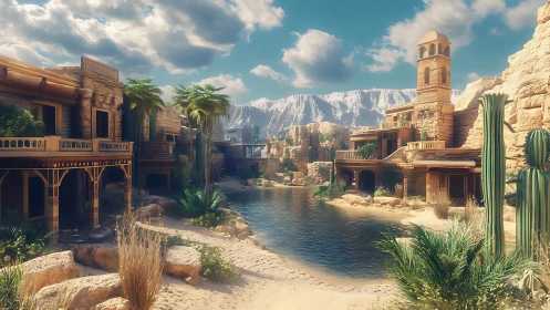 Desert canyon village with river and mountains under sun.