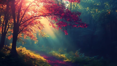 Sunbeams Illuminating Autumn Forest Path in Dreamy Style.