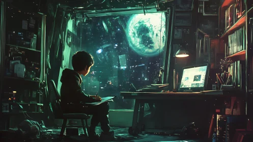Moonlit child at digital workstation gazing into space.