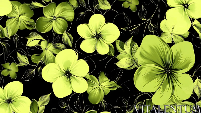 Yellow Floral Pattern Against Black Background.