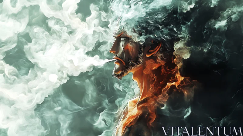 Smoking warrior emerges from swirling fire and smoke.