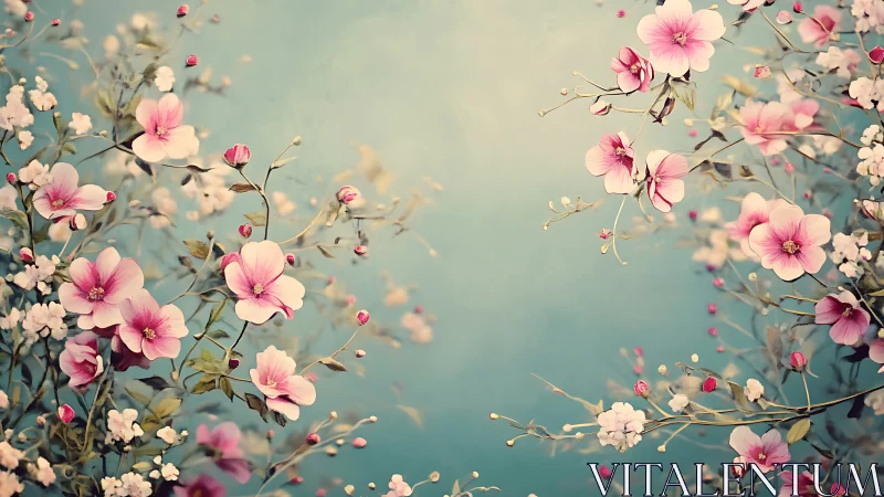 Delicate Pink Flowers Floating in Soft Turquoise Air