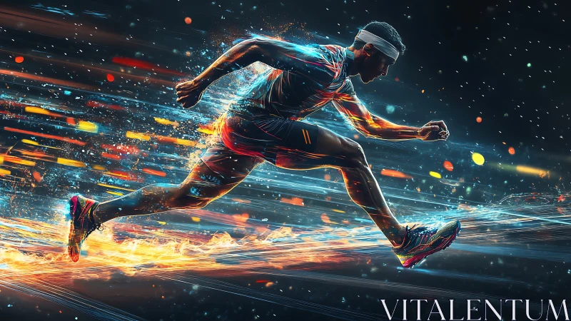 Sprinter explodes through neon trails in dynamic motion