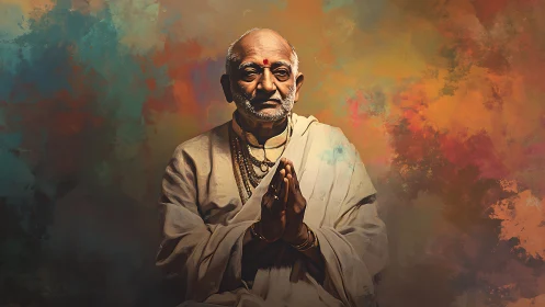 Elderly spiritual guru in folded-hands pose, warm aura glow.