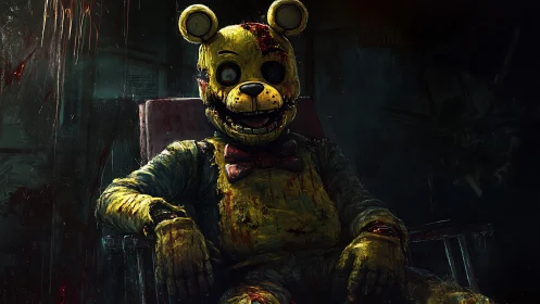 Creepy bloodstained bear animatronic seated in darkness.