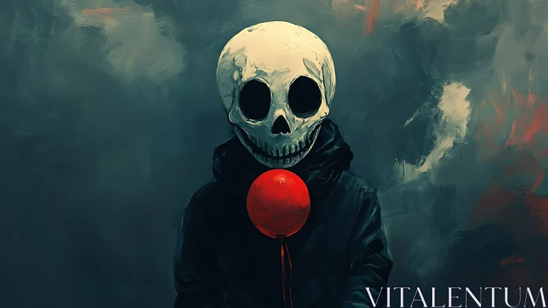 Skull-masked figure holds a red balloon in eerie darkness