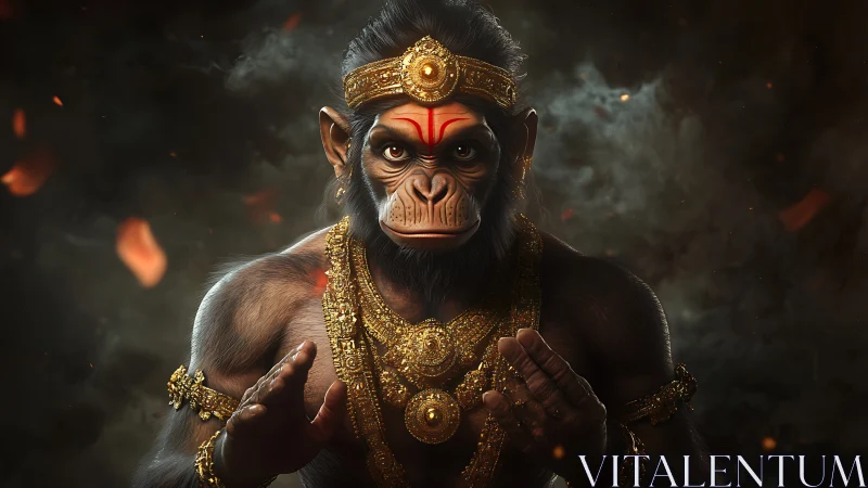 Simian warrior figure with ornate gold armor and adornments.