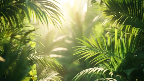 Sunlit palm leaves fill dense tropical jungle foreground