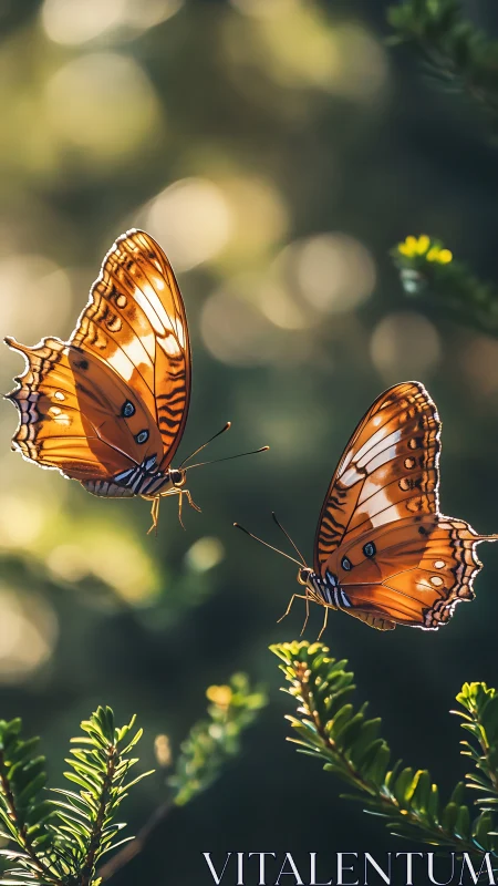 Telephoto macro study of paired orange butterflies in flight