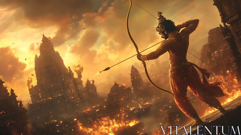 Heroic archer overlooks burning temple city in high dynamic range