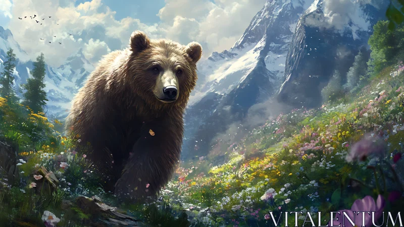 Brown bear strides through a sunlit alpine flower meadow