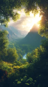 Sunlit valley unfurls beneath a leafy forest curtain of wonder