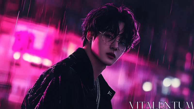 Neon rain drifter in magenta soaked midnight alleys.