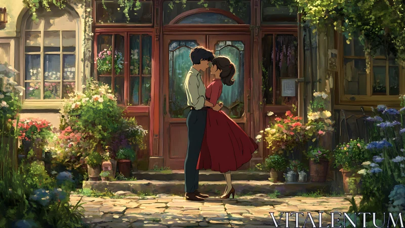 Romantic couple kiss in sunlit garden courtyard doorway.